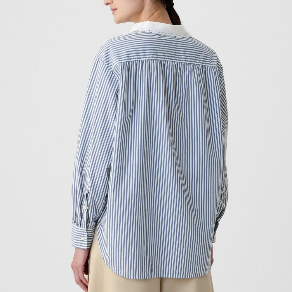 Striped Blue Button-Down Shirt with Eyelet Collar - Picture 3 of 8